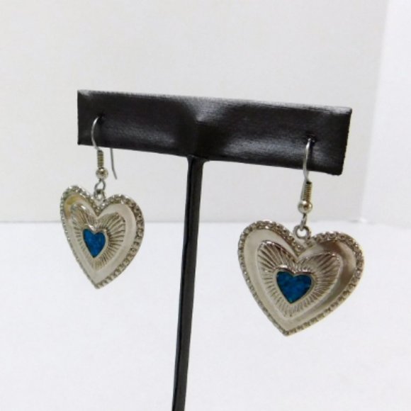 Triple Heart, Fish Hook Earrings, Silvertone, Faux Turquoise Center, Christmas - Picture 5 of 8